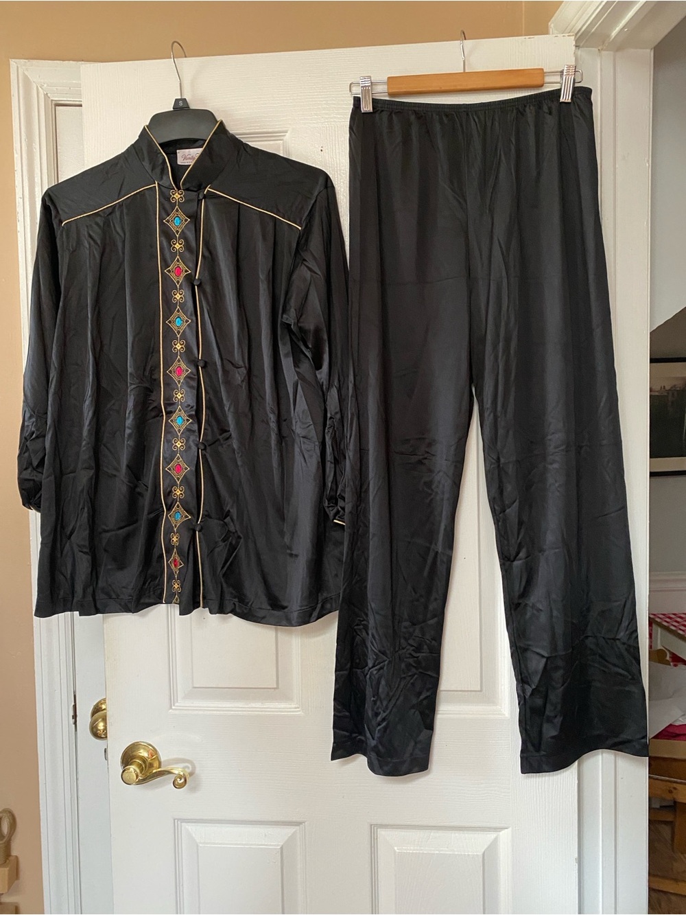 VTG 60’s Asian Mandarin Collar Black Nylon Pajama Set Top Bottom Pants